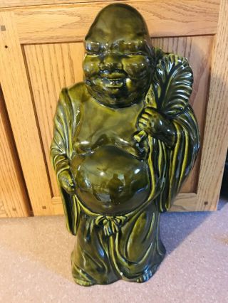 Vintage Buddha Large Statue 18” Ceramic Jade Green Happy Face Fan Buddism