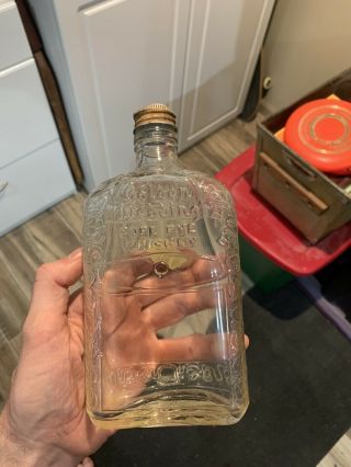 Vintage Golden Wedding Pure Rye Whiskey Clear Glass Bottle W/ Cap Top Liquor