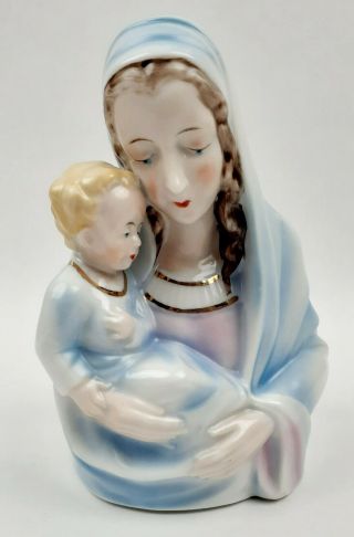 Vintage Madonna Planter Japan Porcelain Virgin Mary Baby Jesus Figure Vase 1950s