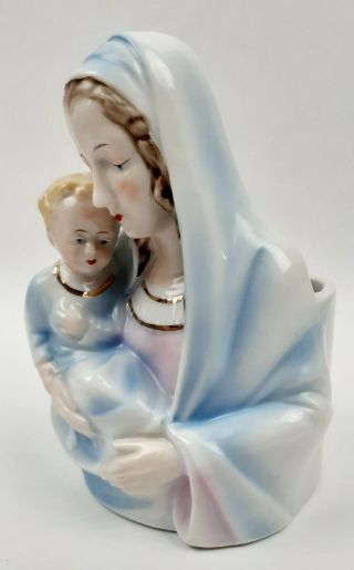Vintage Madonna Planter Japan Porcelain Virgin Mary Baby Jesus Figure Vase 1950s 3