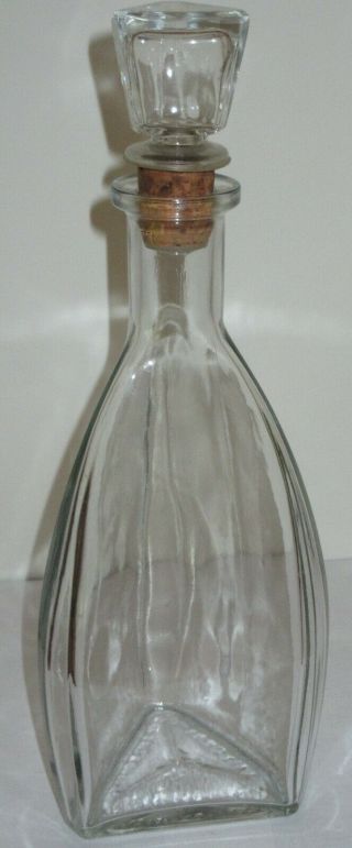 Vintage Three Sided Clear Glass Liquor Decanter/bottle,  Glass Stopper W/cork