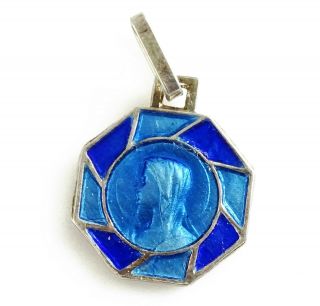 Our Lady Of Lourdes Blue Enamel Art Deco Vintage Charm Pendant Medal Virgin Mary