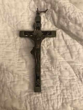 5 " Antique German Crucifix,  Cross Skull & Crossbones,  Ebony Wood