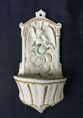 Vintage Holy Water Font Paste Porcelain White Gold & Angel Holding Green Wreath