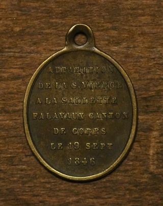 Antique religious bronze medal pendant Our lady of de la Salette 1846 2