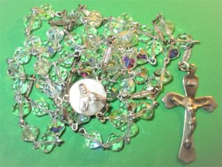 Vintage Sterling Silver Rosary With Aurora Borealis Crystal Beads Jesus & Mary