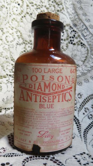 Vintage Amber Poison Bottle W/ Eli Lilly Label Skull & Crossbones