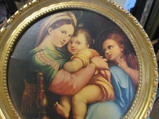 Vintage Round Gilt Frame Made Italy Of Raphael Madonna Della Sedia & Jesus Child