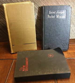 3 Vintage Religious Books Testament Bible,  Missal For Service Men,  St Joseph