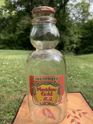 Vintage Meadow Gold Cream Top Milk Bottle,  Foil Lid Red Gold Label One Quart