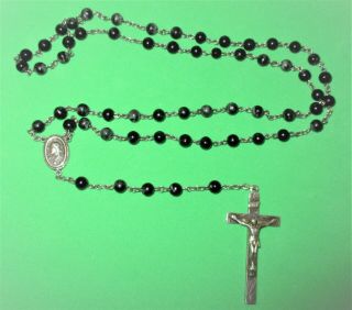 Vintage Small Sterling Silver Rosary With Black Rounded Beads Jesus Sacred Heart