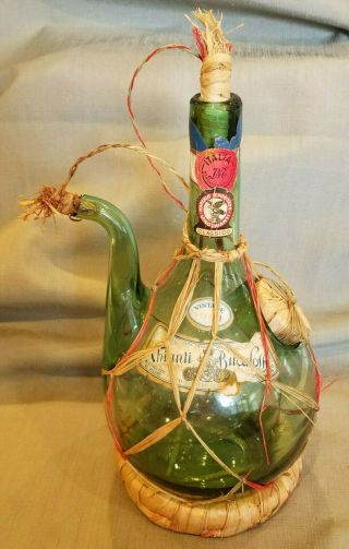 Vintage Italian Chianti Wine Bottle Green Glass In Wicker Wrap With Ice Chamber