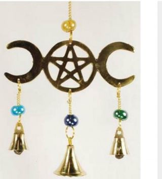 Wind Chime,  Triple Moon Goddess Hanging Bell,  Brass 3 Bells & Pentacle Goddess