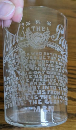 Antique 1895 Religious Holy The Lords Prayer Etched Tumbler Juice Glass Drinking