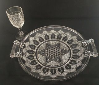 Vintage Clear Glass Handled Plate With Star Of David And Wine Glass Shabbat