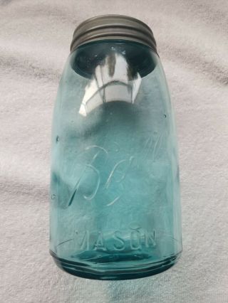 Rare Antique Blue 1 Quart Ball Mason Jar Bubbles 1900 - 1910 With Zinc Lid