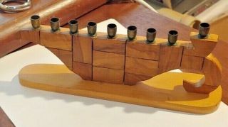 Wood With Brass Candle Holders Menorah By Chen - Hazait