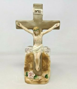 Vtg Catholic Religious Jesus Christ Cross Crucifix Ceramic 8 1/4 " Planter Vase