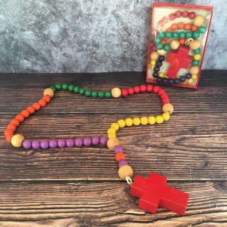 Set Of 2 Child’s First Rosary Colorful Rainbow Wooden Beads Catholic Cross
