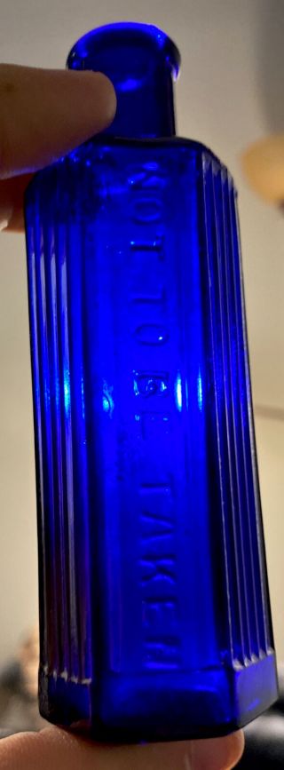 Antique 4 1/2” Cobalt Blue Hexagon 6 Sided Glass Bottle Embossed Not To Be Taken