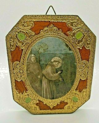 Saint St Francis Of Assisi Italian Florentine Wood Plaque Picture Vintage