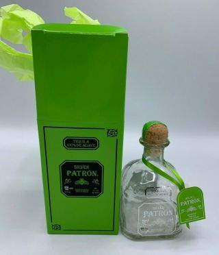 1 Patron Silver Tequila Bottles 375ml W/ Box & Cork & Neck Tag Lime Tissue Ppr