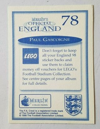 Merlin Official England 98 - WC 1998 Large Foil 78 Paul Gascoigne - England 2