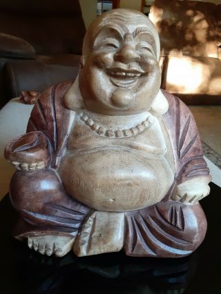 9 " Hand Carved Tanami Wooden Laughing Smiling Buddha Statue Sculpture Indonesia