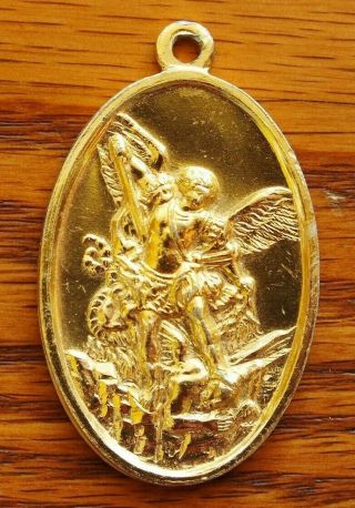 Antique Large Aluminum Religious Medal St Michael Archangel Kill Demon Defend Us