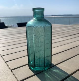 Antique Teal Blue Green Rumford Chemical 8 - Sided Bottle Window Display
