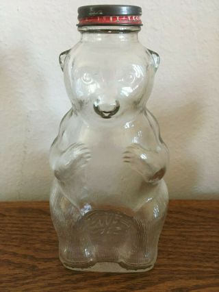 Vtg Snow Crest Beverages Figural Bear Glass Bottle & Coin Bank - Salem,  Mass.