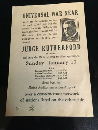 Watchtower Judge Rutherford Universal War Near Handbill