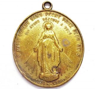 LARGE 1880 ANTIQUE OLD BRONZE MIRACULOUS MEDAL OF HOLY MARY signed artist PENIN 2