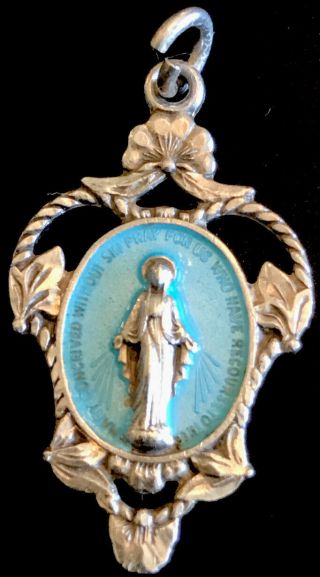 Vintage Catholic Miraculous Mary Sterling Silver & Blue Enamel Religious Medal