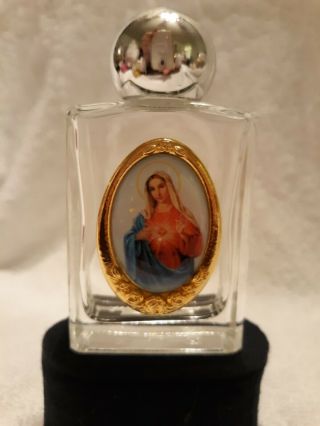 Vtg Clear Holy Water Bottle W/picture Of The Virgin Mary W/gold Trimming - 3 3/8 " T