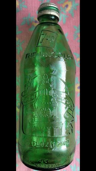 7up Green Glass Bottle 1976,  Size: 7 - 5/8” Tall - 2 - 3/4wide