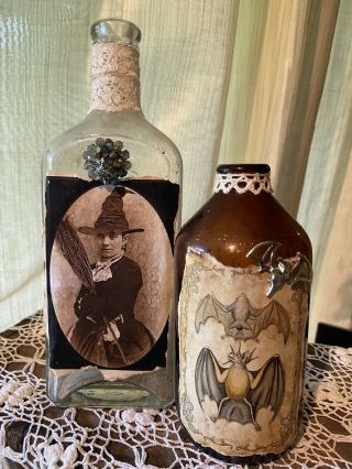 Vintage Bottles Witch Bats Halloween Gothic Decoration Gifts Oddities 9”
