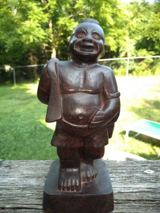 Vintage Wood Hand - Carved Happy Laughing Buddha Statue 8in”lucky