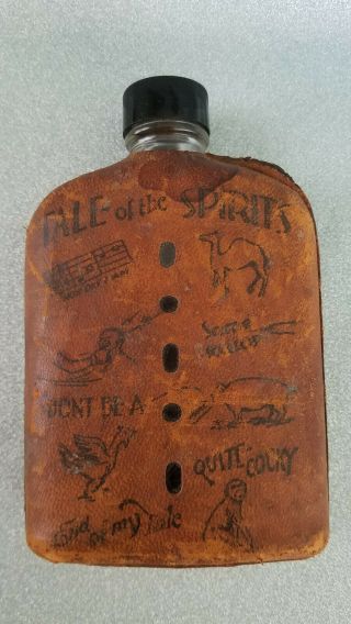 1930s Leather Covered Glass Anco Whiskey Hip Flask Tale Of The Spirits Motto