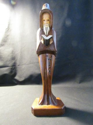 Vintage Wooden Carved Monk Priest Reading Book Bible Christian Catholic Statue