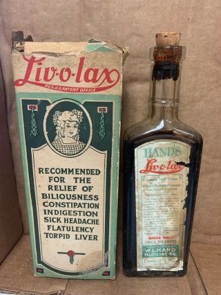 Vintage W L Hand’s Liv - O - Lax Medicine Paper Label Bottle & Box Charlotte,  Nc 4oz