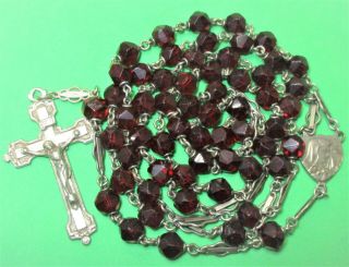 Vintage E.  P.  N.  S.  Rosary With Dark Red Glass Beads Jesus Christ And Virgin Mary