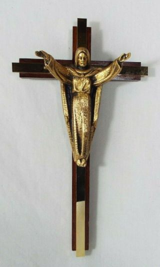 Vintage Solid Wood & Brass Crucifix Cross Jesus Catholic Church Wall Hanging 13 "