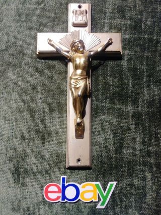 Vintage 11 " Cross Crucifix Brass Catholic Inri Jesus Christ Wall Casket Parsons