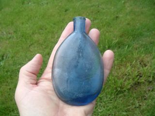 Victorian Blue Glass Teardrop Pumpkin Whisky Flask Bottle Rolled Lip American ?