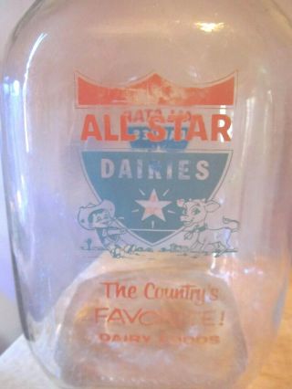Vintage ALL STAR DAIRIES One Gallon Glass Milk Bottle Boy with Cow Graphics 1 2