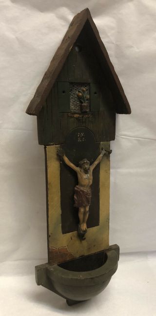 Vintage Wooden “cast Metal Jesus Crucifix” Holy Water Font (12”) - Catholic Estate