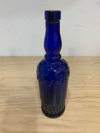Vintage Cobalt Blue Decanter Embossed Design Bottle Glass Vase 11  Tall