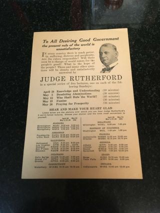 Watchtower Judge Rutherford Desiring Good Government Handbill