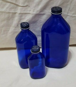 3 Vintage Phillips Milk Of Magnesia Cobalt Blue Glass Bottles With Lids